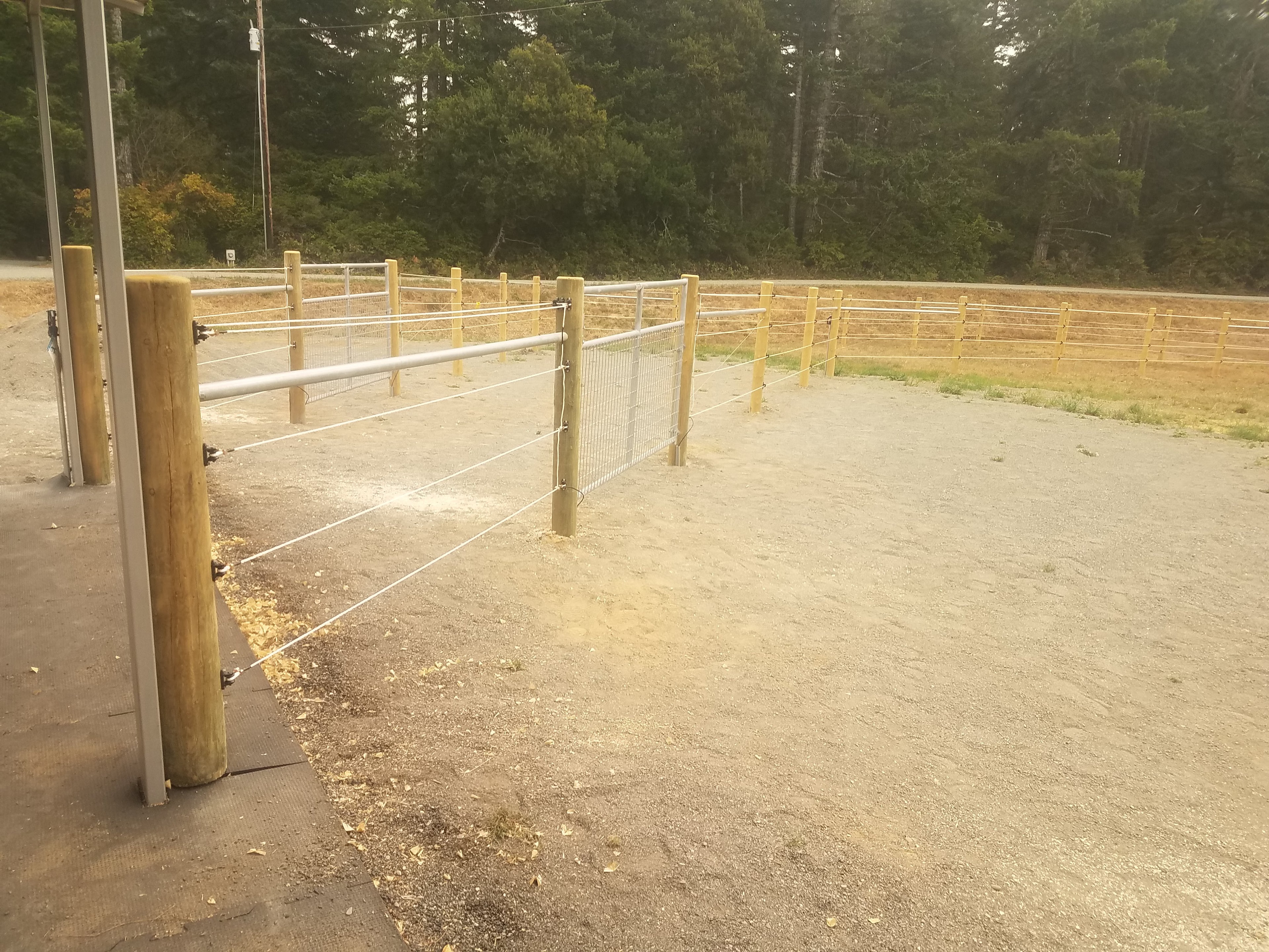 Wood post and wire horse arena fence with gate
