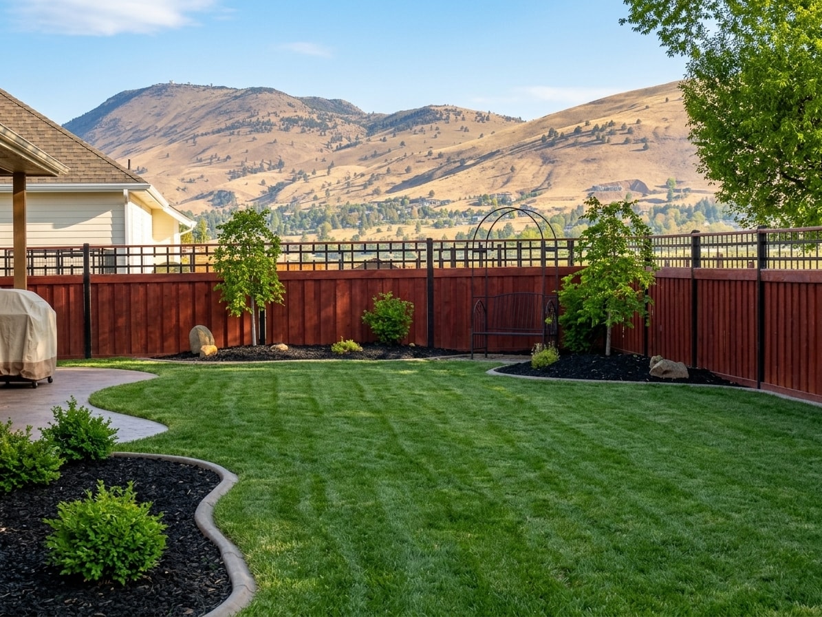 Custom red wood fence with ornamental iron top rail and mountain views — summer, Klamath Falls OR